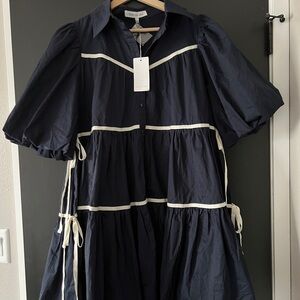 Navy Cotton Poplin Shirt Dress